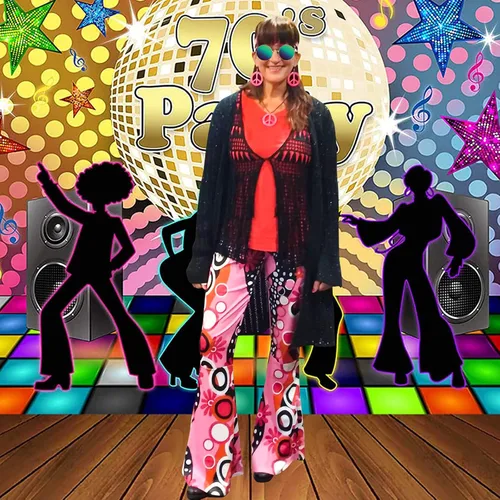 Vista 2 de ATAMET Accesorios de disfraces de mujer de los años 60 y 70, pantalones hippie, pantalones bohemios, acampanados, pantalones retro para fiestas