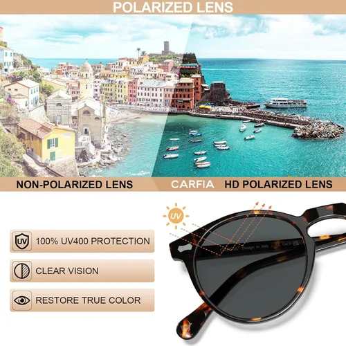 Vista 50 de CARFIA Gafas de sol polarizadas de acetato redondo para mujer, protección UV de cara pequeña con funda de cuero CA5288