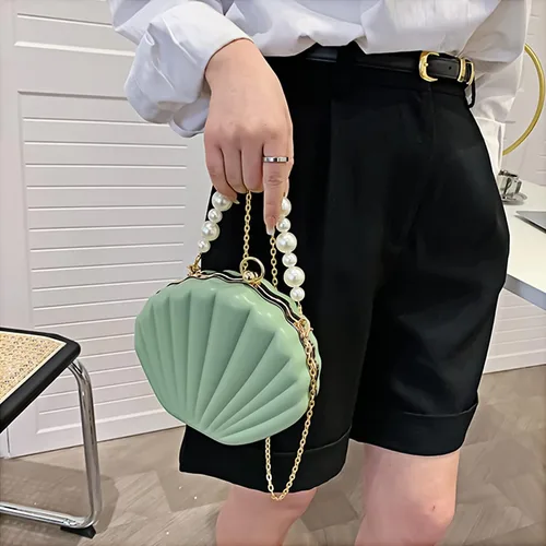 Vista 3 de Mini bolso de mano de noche de concha de mar para mujer, bolso con asa superior, correa de cadena, bolso cruzado