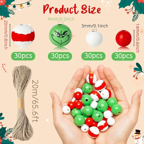 Vista 2 de Eartim Cuentas de madera para Navidad - 121 piezas, cuentas redondas de Navidad en rojo y verde, cuentas rústicas de madera de granja