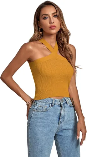 Vista 5 de Umenlele Camiseta corta sin mangas con cuello halter cruzado para mujer