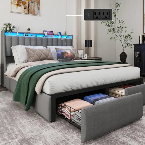 Vista 15 de Base de cama matrimonial tapizada con respaldo alero con 2 cajones de almacenamiento y luces LED