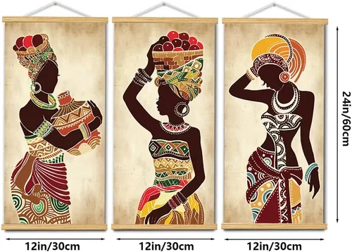 Vista 4 de 3 piezas de pintura en lienzo étnica africana de mujer negra, arte de pared vintage para sala de estar y dormitorio, arte en lienzo con marcos