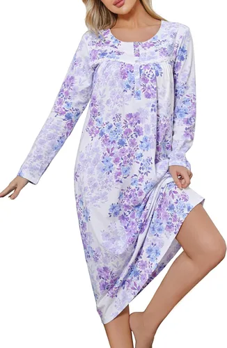 Vista 6 de JRYNOEU Camisones largos de algodón para mujer, vestidos de noche de manga larga, ropa de dormir de longitud completa, camisón suave para descansar