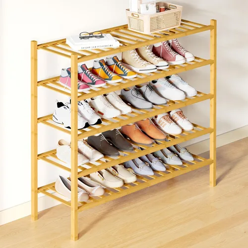 Vista 49 de Smiry Zapatero de bambú para armario, organizador de zapatos de madera de 3 niveles, estante apilable de almacenamiento de zapatos de madera