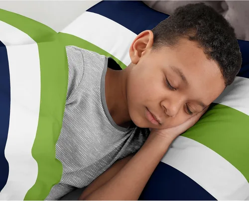 Vista 4 de Sweet Jojo Designs Azul marino, verde lima, verde y blanco, para niños, adolescentes, 3 piezas, matrimonial/queen, colección de ropa de cama a rayas