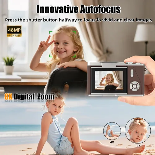Vista 3 de Cámara digital 4K, cámara selfie de 48 megapíxeles con enfoque automático y pantalla giratoria de 180°, cámara digital compacta para niños con zoom