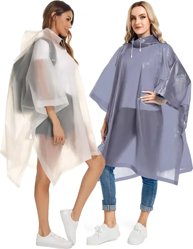 Vista 81 de Paquete de 2 ponchos de lluvia para adultos, reutilizables, impermeables, de supervivencia, emergencia, resistente, con capucha con cordón