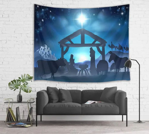 Vista 2 de HVEST Tapiz de cielo estrellado de Jesús, tapiz de belén, Jesucristo, nacido en el pesebre, para colgar en la pared, creyentes cristianos, hombres