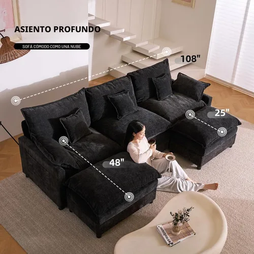 Vista 4 de GOSUHI Sofá en Forma de U de 108", Sofá Seccional Modular, Sofá Cómodo Nube de 3 Plazas con Otomana Móvil, Sofás de Asiento Profundo para Sala