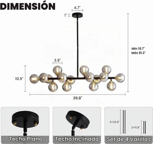 Vista 7 de 16 Luces Araña Moderna de Mediados de Siglo Negro Araña Lineal Accesorios de Iluminación Globo de Vidrio Luz Colgante Sputnik para Comedor Isla