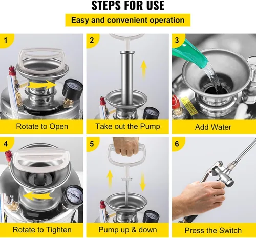 Vista 6 de Happybuy Pulverizador de bomba de acero inoxidable de 1 galón, varita de 12 pulgadas y manguera reforzada de 3 pies, medidor de presión, válvula