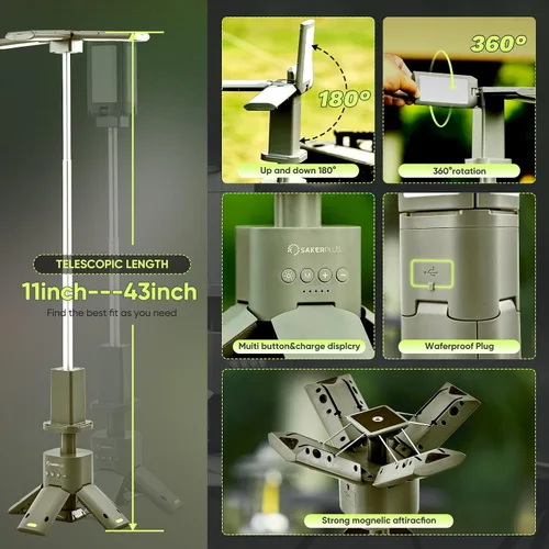 Vista 2 de SakerPlus Luz portátil para campamento, linterna telescópica de campamento de 14000 mAh con fuente de alimentación recargable, lámparas magnéticas