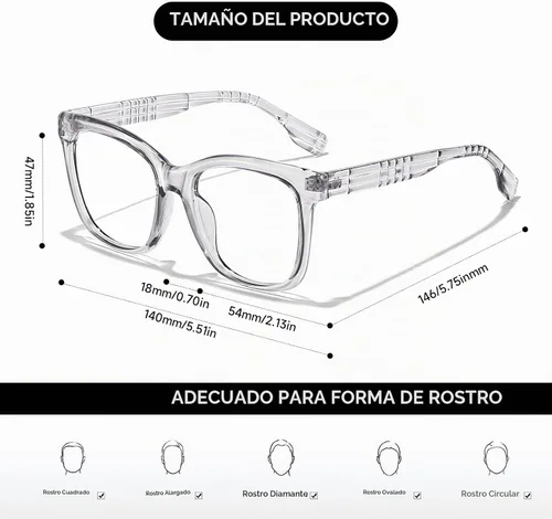 Vista 6 de Oversized Square Blue Light Blocking Glasses for Women and Men - Gaming & Computer Anti-Fatigue Gris (Transparent Gray)