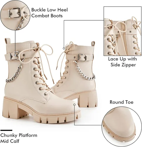 Vista 3 de TINSTREE Botas de combate de tacón bajo con hebilla de moda para mujer, botas de combate con cremallera lateral, botas antideslizantes para montar