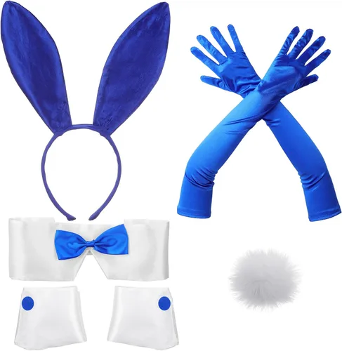 Vista 11 de Zhanmai Juego de accesorios de disfraz de conejo de Halloween para mujer Diadema de orejas de conejo rojo rosa, puños, cola y guantes, accesorio
