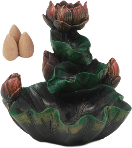 Vista 2 de Ebros Feng Shui Zen Sagrado Lotus Blossom Backflow Quemador de cono de incienso Padma Estatua de torre de meditación de 4.25 pulgadas de alto, conos