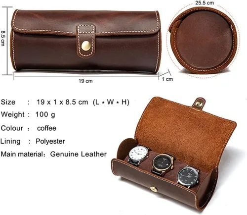 Vista 6 de XWWDP - Reloj suave y arrugado de cuero genuino con bolsillo para joyería organizador de viaje caja enrollable color marrón