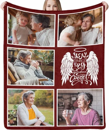 Vista 38 de LOSARON Mantas conmemorativas personalizadas con fotos por pérdida de madre, papá, abuela en el cielo en memoria amorosa de flores rojas, 6 fotos