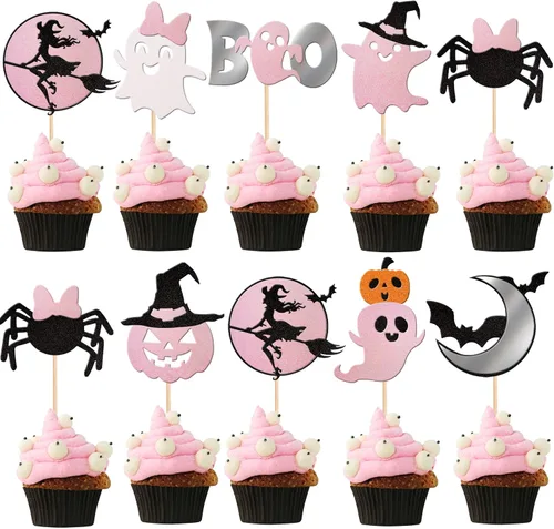 Vista 13 de 30 piezas de decoración de murciélagos de Halloween para cupcakes de murciélago con purpurina negra para Halloween, decoración de pasteles de Negro