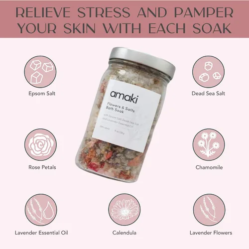 Vista 6 de Juego de flores y sales de baño Amaki Skincare con aceite esencial lavanda, pétalos de rosa, lavanda, caléndula y flores de manzanilla (2 paquete)