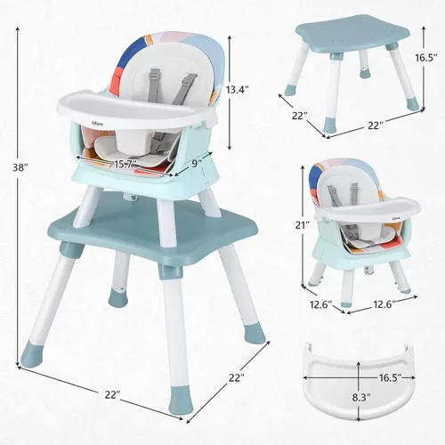 Vista 9 de INFANS Silla alta 8 en 1 para bebés y niños pequeños, asiento elevador Azul bebé