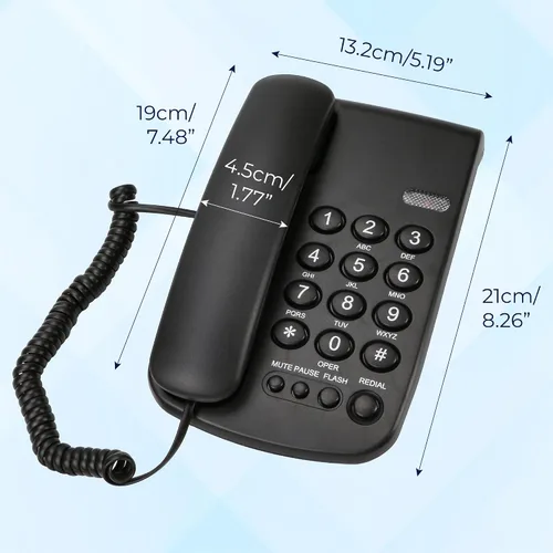 Vista 2 de Simple Teléfono fijo con cable, escritorio de pared con cable con teclas funcionales y volumen ajustable para oficina, hotel, silencio, pausa