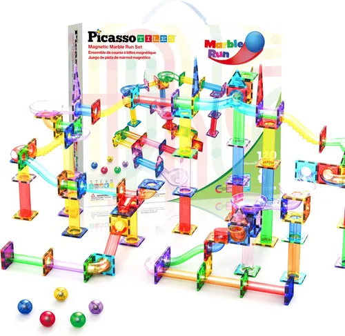 Vista 10 de PicassoTiles - Juego de pista de canicas magnéticas de 100 piezas con azulejos de pista de carreras, embudos, pendientes curvas y bolas de acero