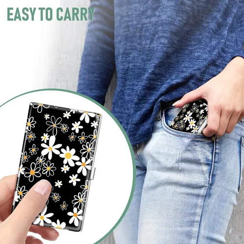 Vista 6 de Swooflia Funda para tarjetas de visita para mujer, de metal, margarita negra, delgada, con bolsillo, funda cuadrada, regalos lindos para agentes