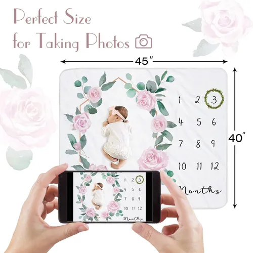 Vista 2 de Manta mensual de hitos para bebé niña, manta de edad recién nacida, accesorio para fotos con tabla de crecimiento, rosa floral rosa, corona