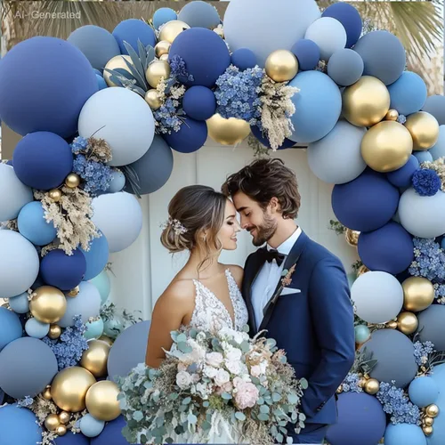 Vista 7 de Kit de Arco de Globos Azul Polvoriento Dorado, Kit de Arco de Globos Pastel de Doble Relleno Azul Claro Azul Oscuro Mezclilla Azul Pálido con Globos
