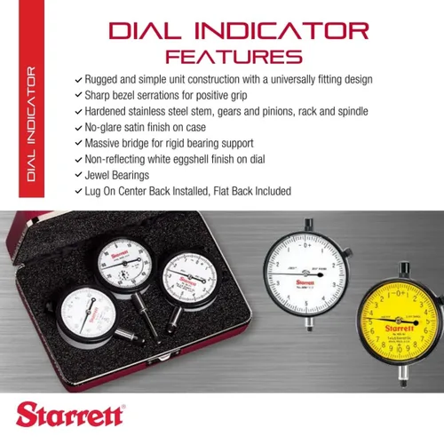 Vista 2 de Starrett Indicador de Cuadrante Serie 25 con Rodamientos de Rubí y Oreja en el Centro Posterior - Carátula Blanca, Rango de 0-.025", Cuadrante