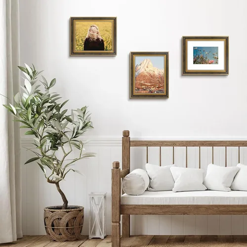 Vista 3 de Marco de fotos de 8x10 para foto de 5x7 con paspartú u obra de arte de 8x10 sin paspartú, vidrio real y montaje en pared o mesa (Negro Dorado)