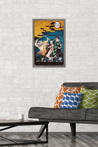 Vista 2 de Trends International Demon Slayer - Póster de pared de arte grupal, 14.725 x 22.375 pulgadas, versión enmarcada de madera de granero