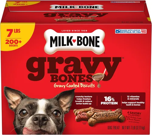 Vista 9 de Milk-Bone Gravy Bones - Golosinas para perros con 4 sabrosos sabores de carne recubiertos en salsa, 7 libras