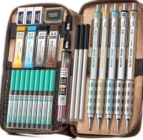 Vista 8 de Nicpro - Juego de 36 lápices mecánicos Blocky Gear con estuche, lápices metálicos de 0.01 pulgadas, 0.02 pulgadas, 0.03 pulgadas, 0.035 pulgadas