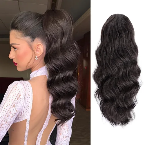 Vista 27 de FREEMEIGE Extensión de Cola de Caballo Negra con Cordón Extensión de Cola de Caballo Larga y Ondulada para Mujeres Extensión de Cabello de Cola de 1b