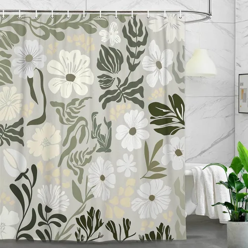 Vista 10 de Cortina de ducha botánica floral bohemia, bonita cortina de baño abstracta de mediados de siglo, flores modernas de mediados de siglo, primavera