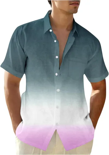 Vista 10 de Camisas con botones para hombre, de moda, de manga corta, color degradado, ajuste holgado, para vacaciones, playa, verano