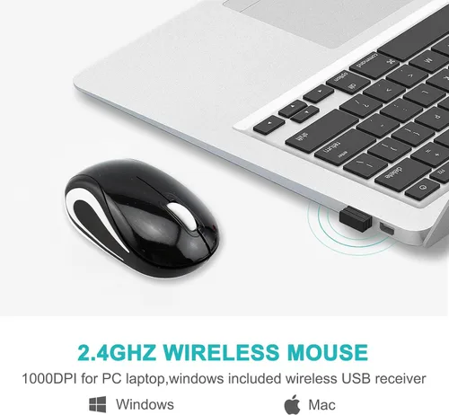 Vista 2 de Mini mouse inalámbrico para computadora, tamaño pequeño, portátil, compacto de viaje, USB óptico de 3 botones, 1000 DPI, mouse inalámbrico para Negro