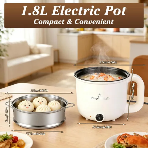 Vista 4 de Olla caliente eléctrica con vaporizador, cocina de fideos rápidos, olla caliente eléctrica interior de cerámica portátil de 1.8L