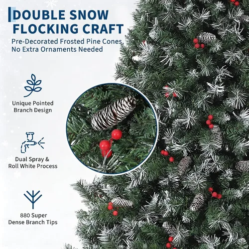 Vista 3 de 6.5 ft Prelit Snow Flocked Christmas Tree, Artificial Pine Tree with Red Berries & Pine Cones, 880 Branch Tips, Hinged Branches, Easy Assembly, Fire