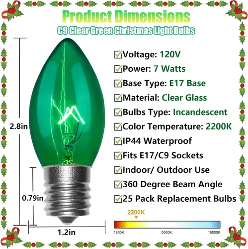 Vista 2 de Bombillas de Repuesto de Luz de Navidad C9, Paquete de 25 Bombillas de Luces de Navidad Verde Transparente, Bombilla de Base Intermedia E17