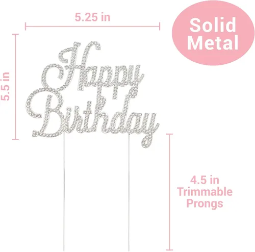 Vista 4 de Decoración de pastel de feliz cumpleaños, metal plateado de alta calidad, decoración de diamantes de imitación brillantes para fiesta de feliz