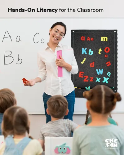 Vista 5 de CHEFAN Tablero de letras de fieltro para niños pequeños, tablero de franela grande de 45 x 25 pulgadas para pared, letras mayúsculas y minúsculas