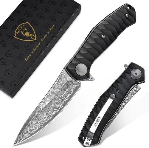 Vista 15 de Cuchillo de bolsillo plegable de Damasco AUBEY hecho a mano con clip para hombres, cuchillo de caza de Damasco EDC con bloqueo de vástago para Mango