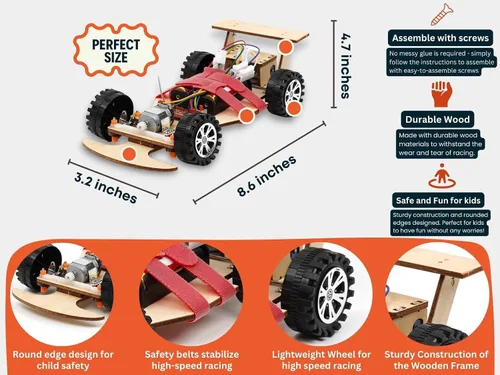 Vista 6 de Kit de ciencia de madera con control remoto inalámbrico R/C de carreras F1 para construir (paquete de carreras de 2), kit de proyecto científico