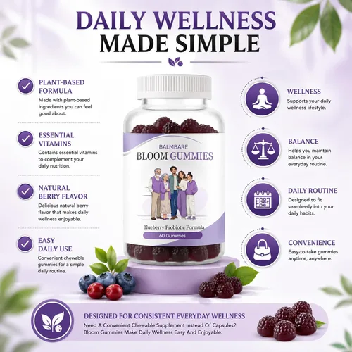 Vista 4 de Gomitas de bienestar diario con mezcla de arándano y vitaminas esenciales, fórmula a base de plantas, conveniente suplemento masticable, sabor a