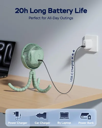 Vista 2 de AMACOOL Ventilador para cochecito de bebé, 5000 mAh, recargable Verde