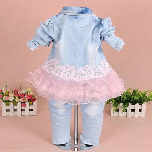 Vista 2 de Yao Conjuntos de ropa de mezclilla para bebés y niñas, conjuntos de 3 piezas, camisa de mezclilla y jeans